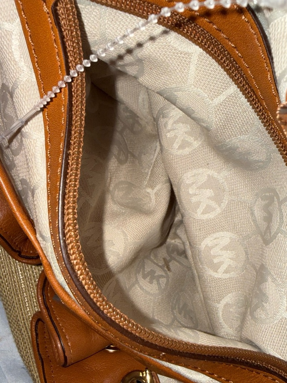 Michael Kors Straw-Style Drawstring Shoulder Bag in Beige with Tan Straps - Picture 6 of 8